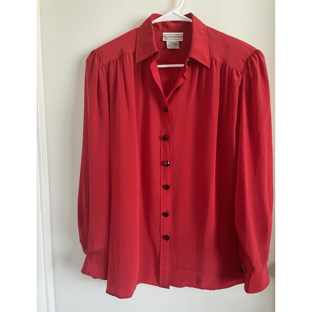 Evan-Picone Women's Red Satin Collared Button-Down Long Sleeve Blouse 8